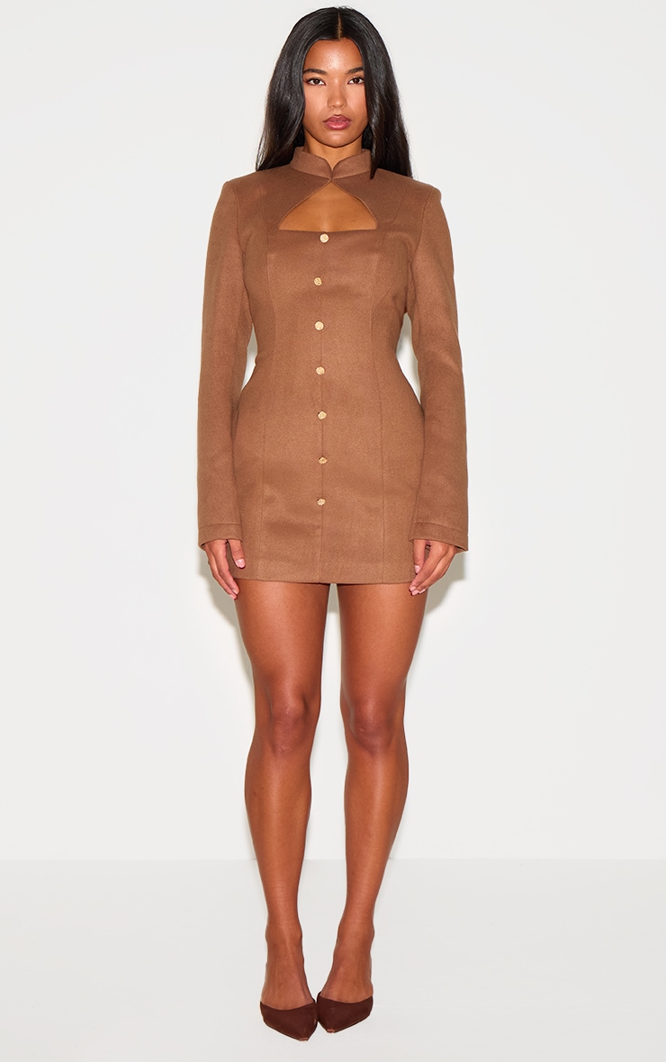 Deep Taupe Brushed Woven Long Sleeve Button Detail Mini Dress image 3