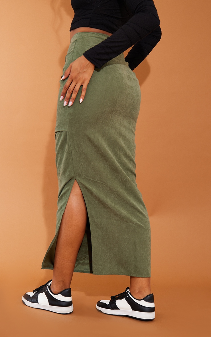 Khaki Woven Ruched Maxi Skirt image 3