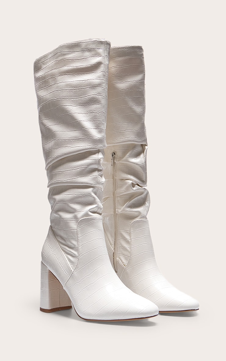 White Pu Croc Round Toe Ruched Knee High Block Heeled Boots image 2