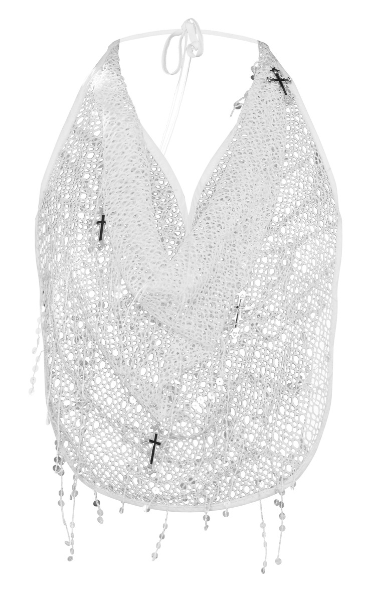 White Tassel Sequin Halter Backless Top PrettyLittleThing