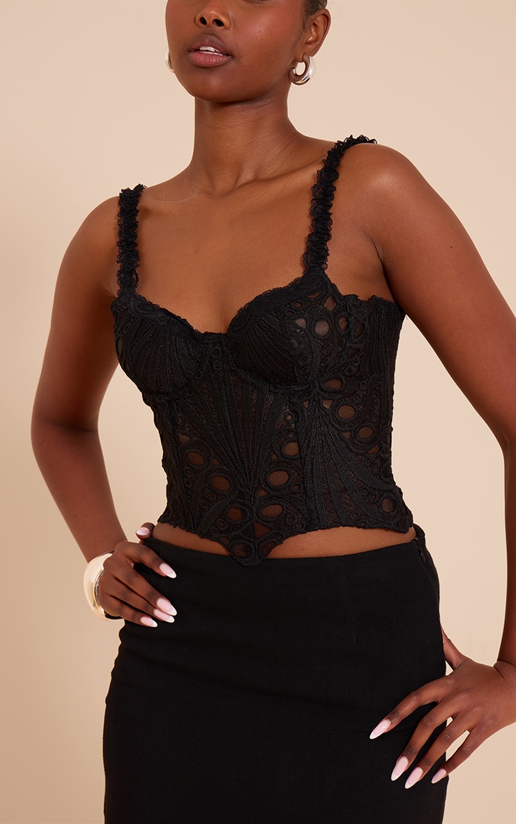 Black Strappy Textured Sheer Floral Lace Corset image 4