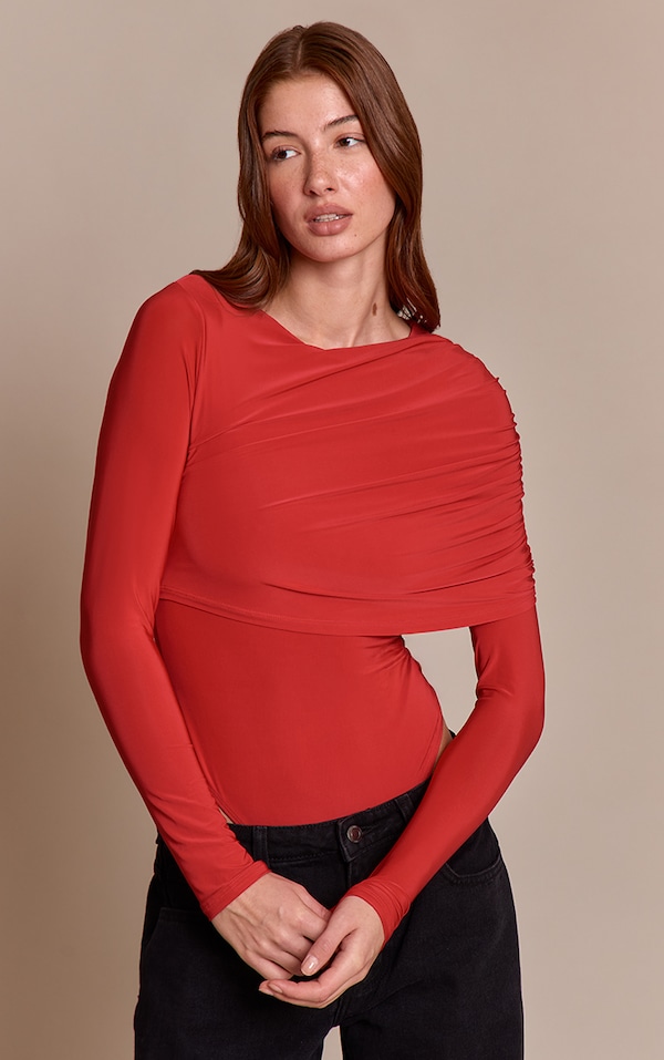 Red Double Layer Slinky Cape Detail Long Sleeve Bodysuit
