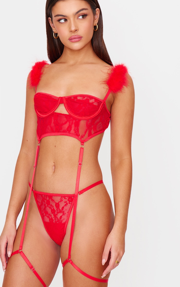 Red Lace Feather Trim Balconette Lingerie Set image 4