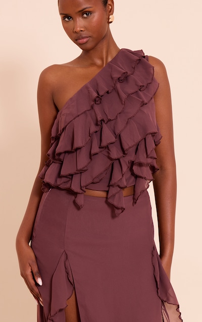 Plum Chiffon Frill One Shoulder Top