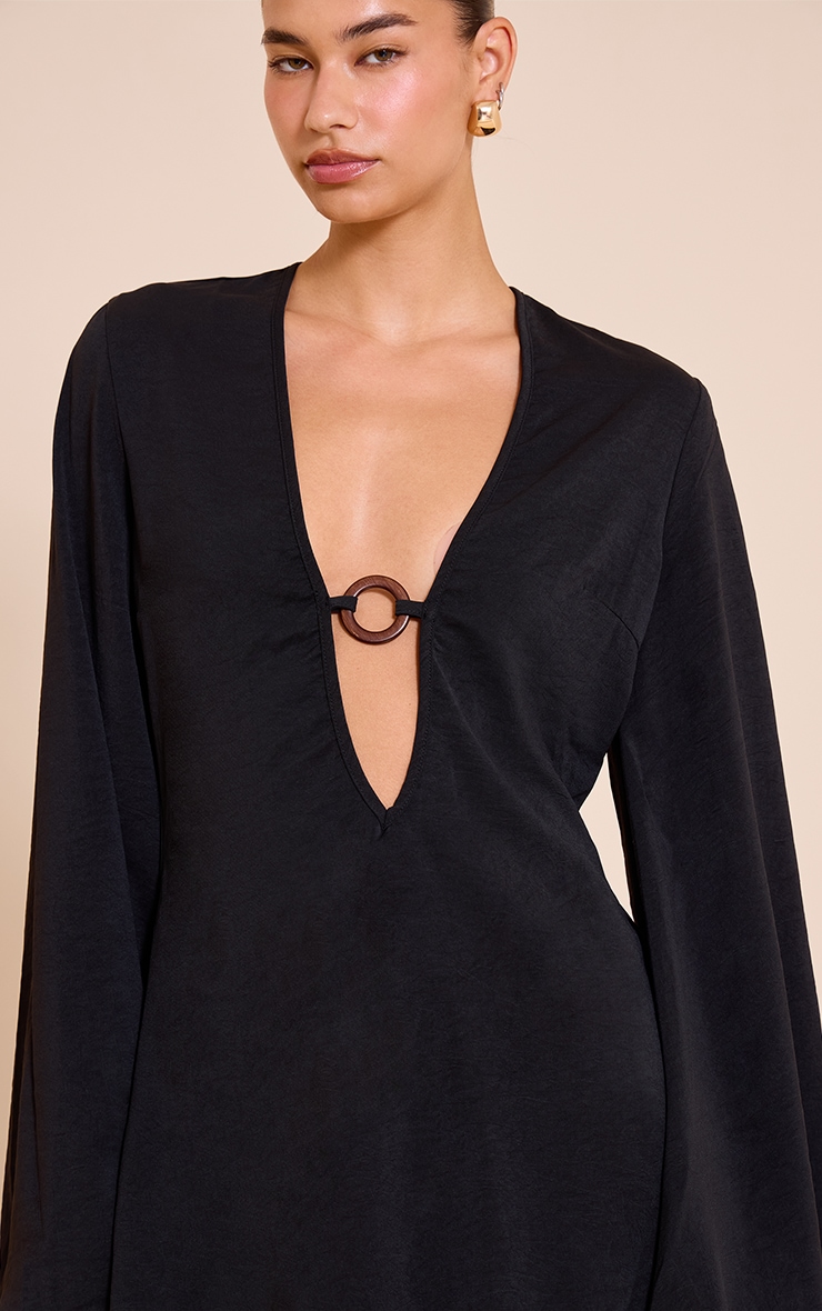 Black Floaty Woven Plunge Ring Detail A Line Mini Dress image 4