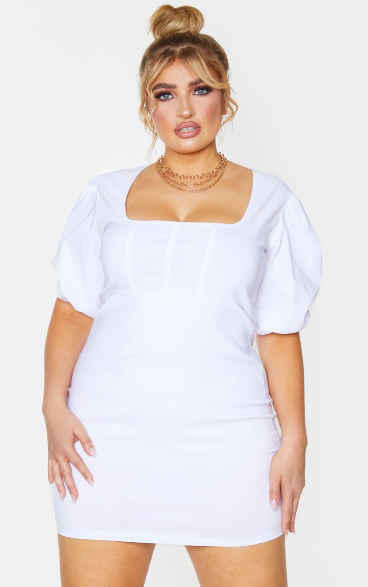 PLT Plus - Robe moulante corset stretch blanche à manches bouffantes