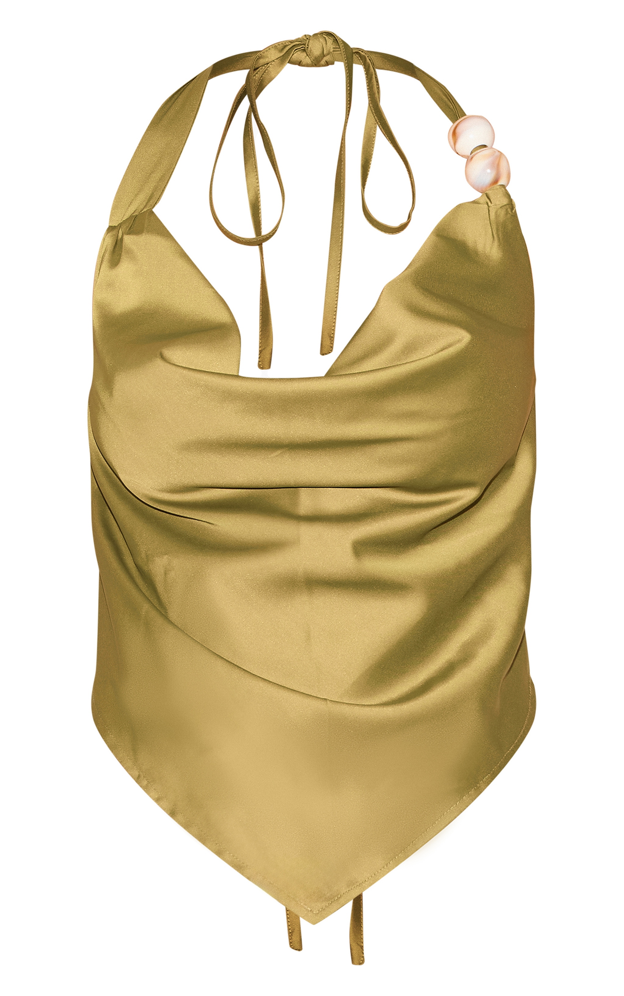 Olive Satin Bead Detail Backless Top image 5
