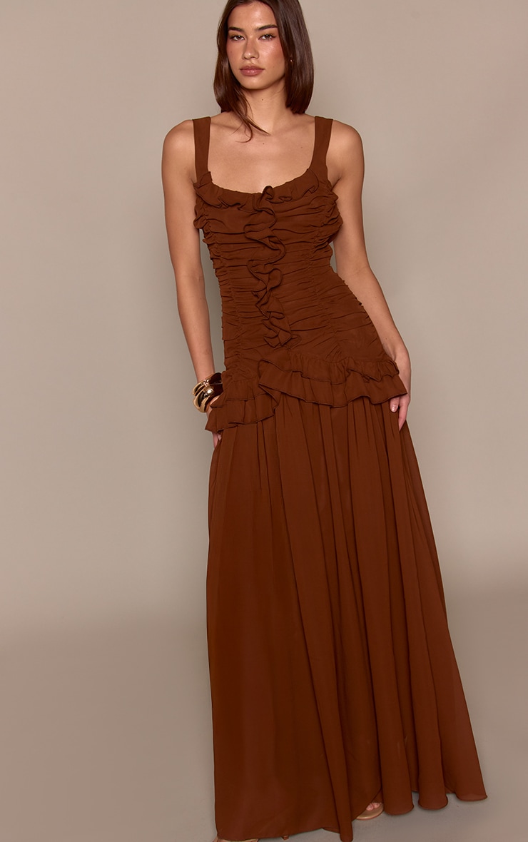 Chocolate Chiffon Ruched Frill Maxi Dress image 3