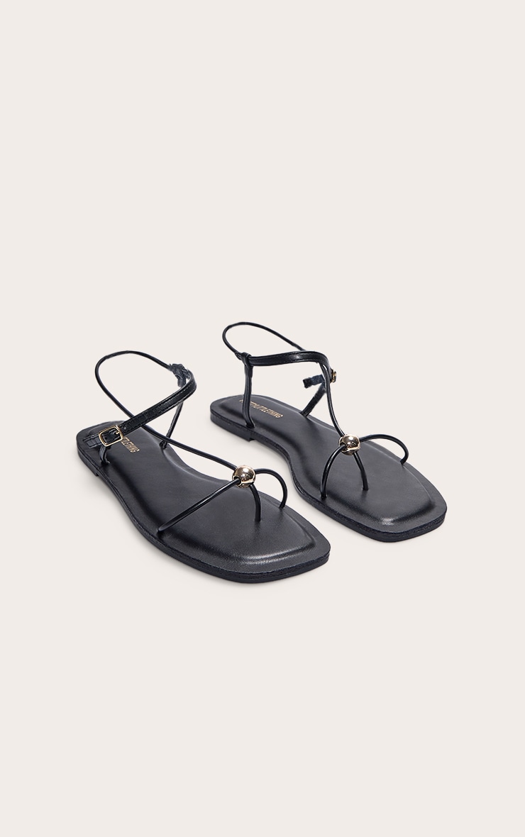 Black Pu Square Toe Thong Gold Trim Flat Sandals image 1