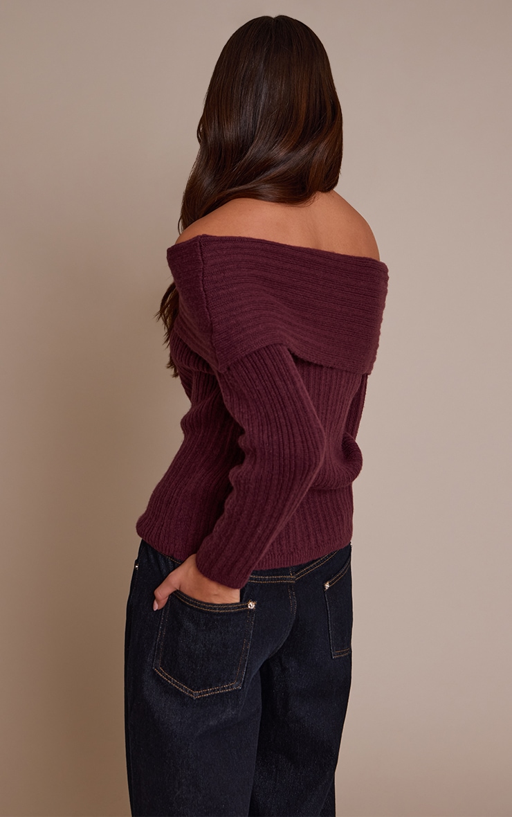 Burgundy Off The Shoulder Knit Long Sleeve Top image 2
