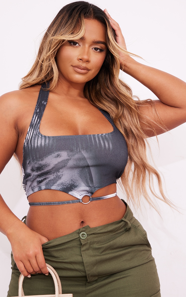 Shape Black Body Print Rib Ring Detail Tie Crop Top