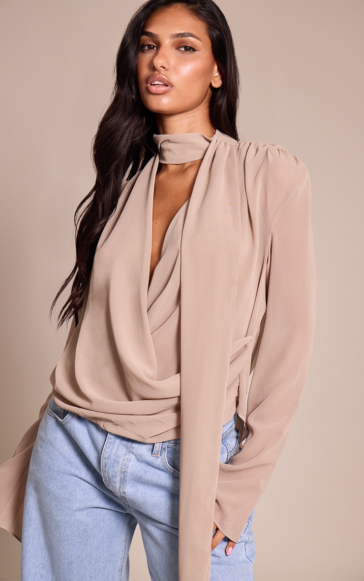 Stone Chiffon Scarf Detail Extreme Cowl Neck Blouse image 4