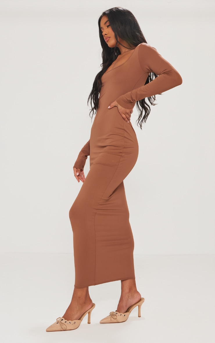 Brown Sculpt Square Neck Long Sleeve Midaxi Dress image 3