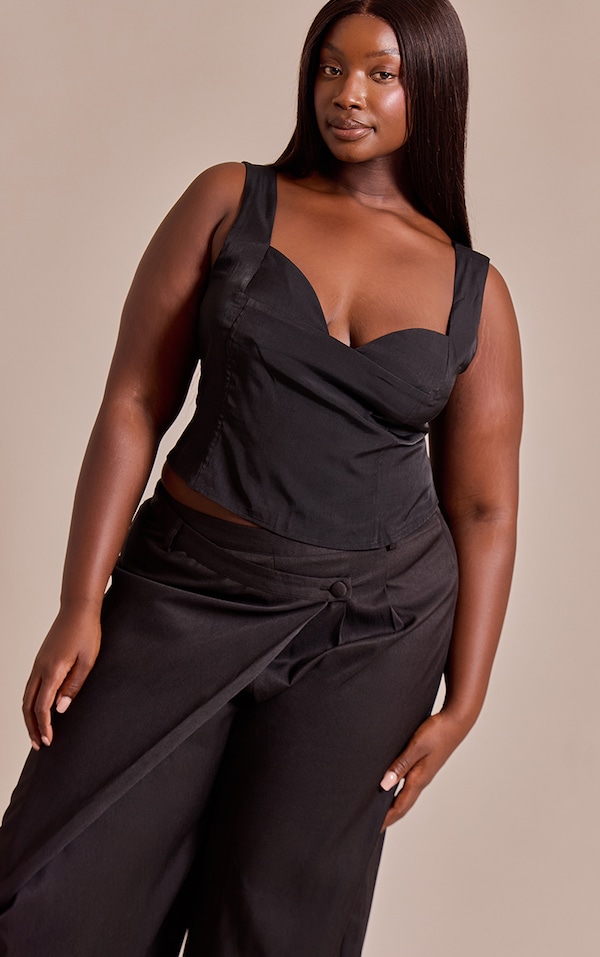Plus Black Cup Detail Boned Matte Satin  Corset