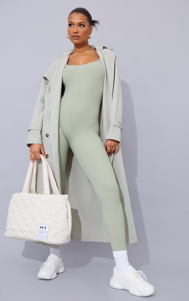 Sage Green Ribbed Knitted Strappy Jumpsuit image 1