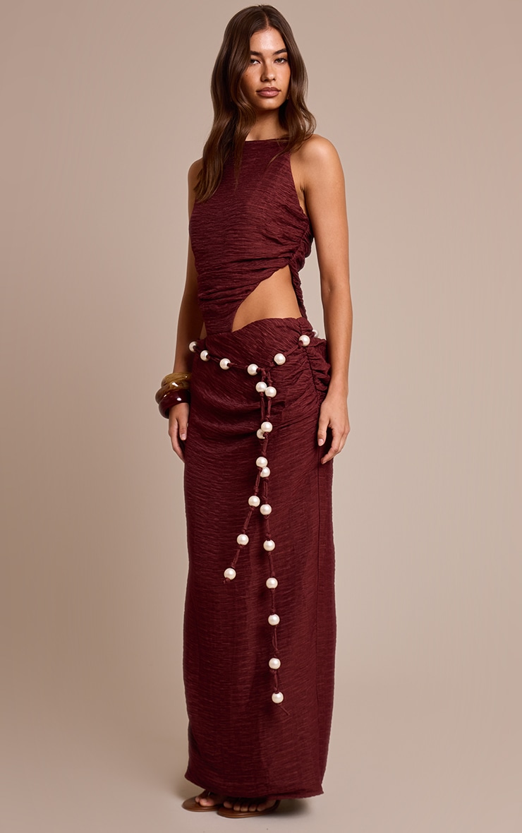 Burgundy Crinkle Textured Bead Detail Maxi Dress image 3