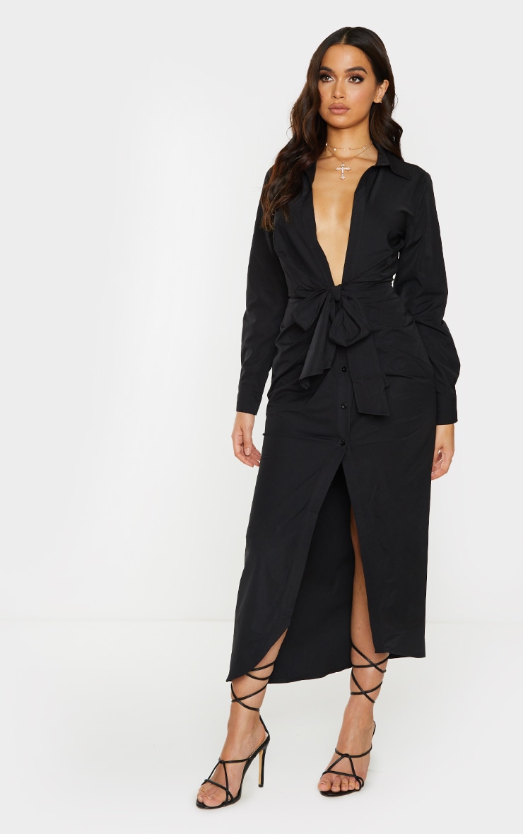 Black Long Sleeve Plunge Drape Detail Midi Shirt Dress ...