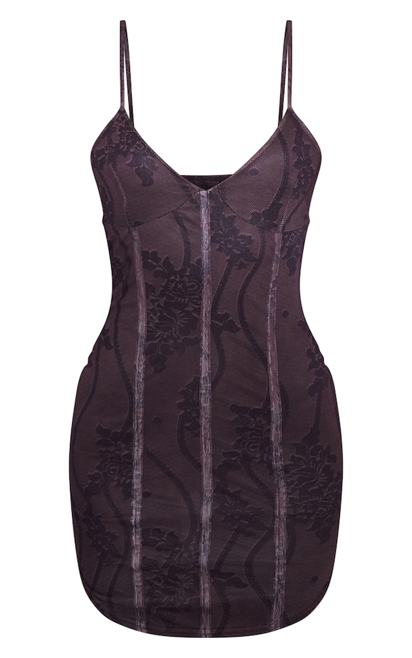  Brown Lace Print Mesh Strappy Corset Detail Bodycon Mini Dress