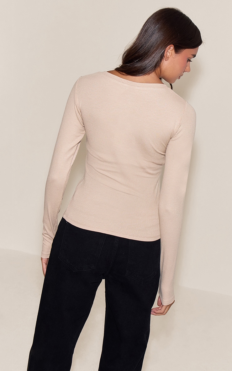 Oatmeal Soft Rib Button Up Fitted Long Sleeve Top image 2