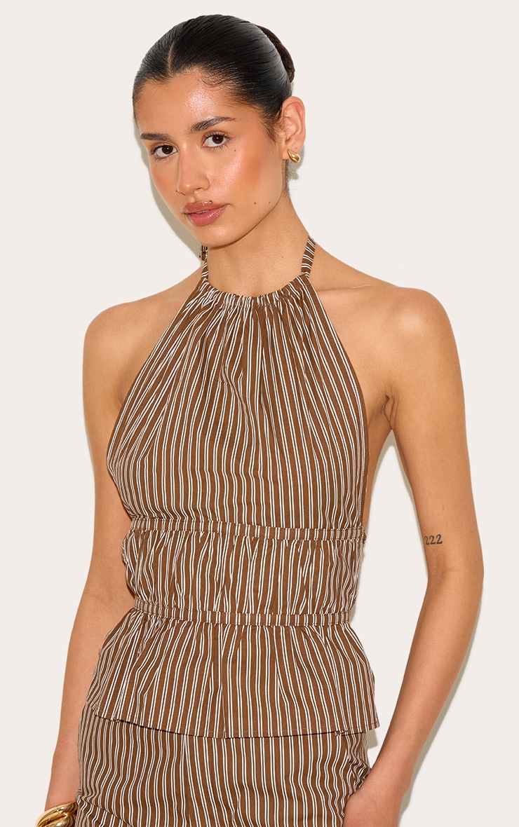Tall Chocolate Stripe Woven Ruched Backless Long Top image 1
