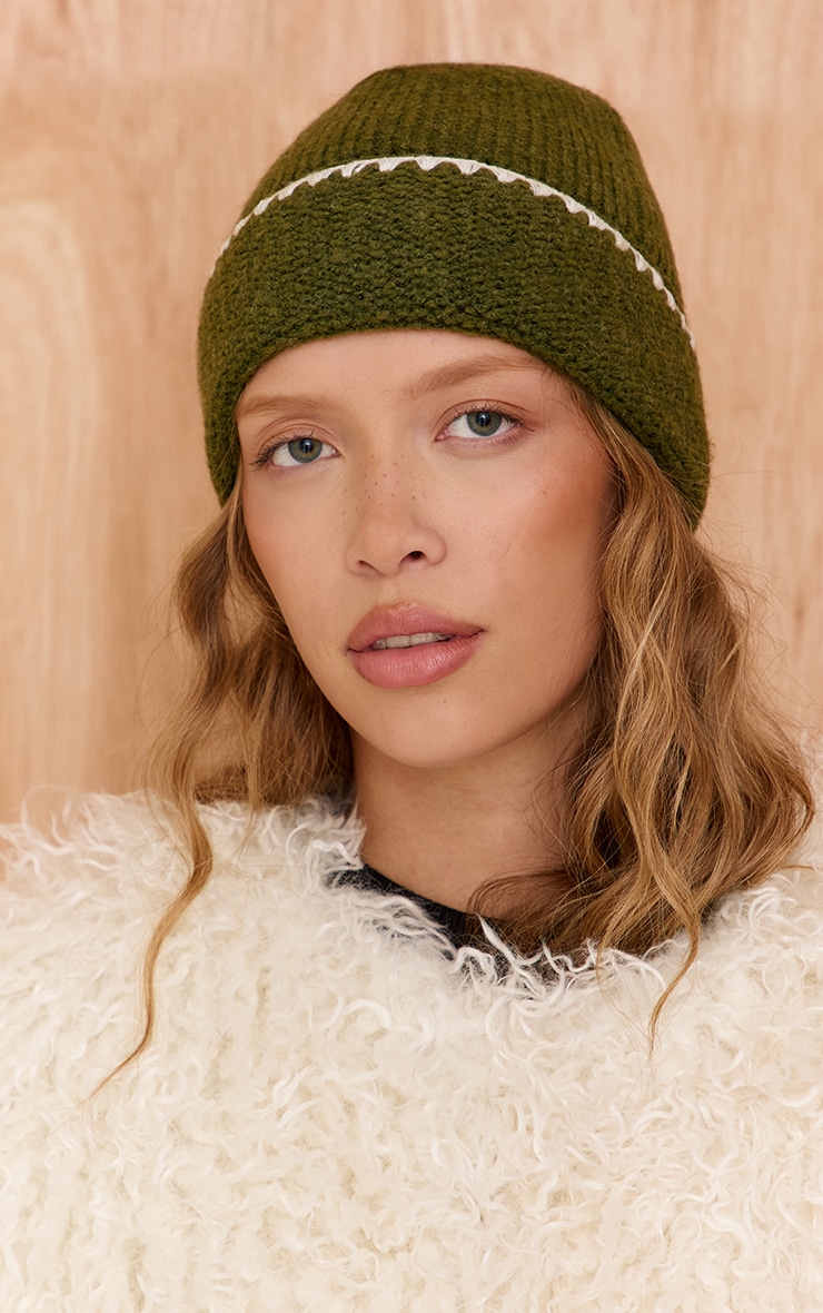Olive Knit Contrast Beanie image 1