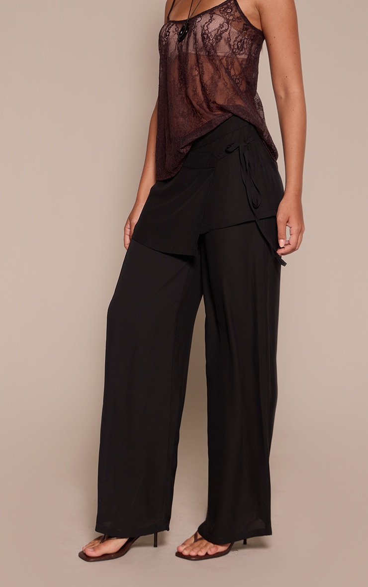 Black Chiffon Wrap Tie Overlay Pants image 2
