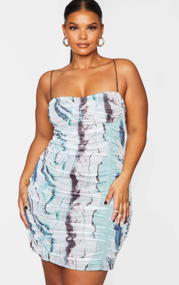 Plus White Marble Print Ruched Mesh Cup Detail Bodycon Dress