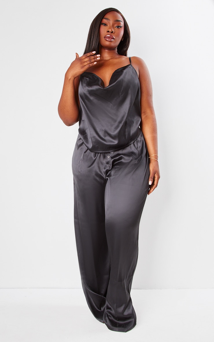 Plus Black Cowl Neck Satin Cami and Button Pant PJ Set image 3