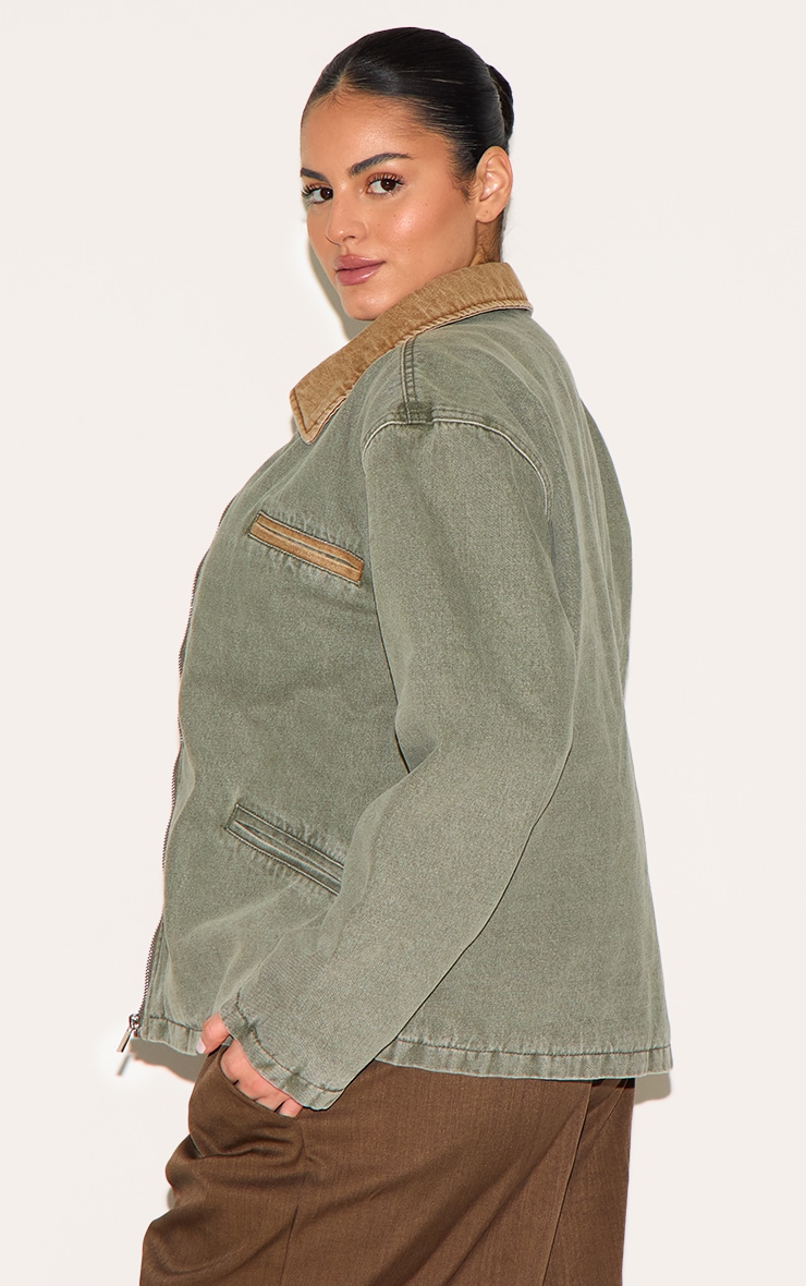 Plus Veste en jean kaki à col contrastant et zip image 2