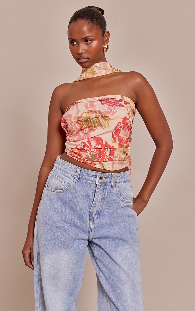 Multi Floral Print Chiffon Bandeau Scarf Detail Top image 1