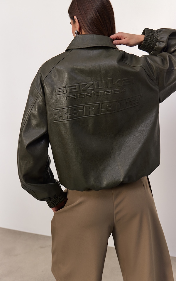 Khaki Embossed Back Faux Leather Biker Jacket