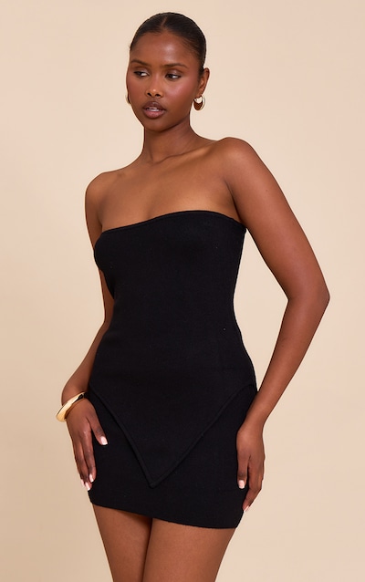 Top bustier en maille fine noire à ourlet asymétrique