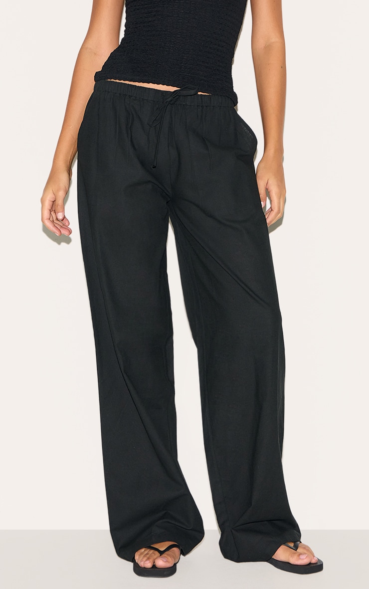 Tall Black Linen Drawstring Waist Pants image 2