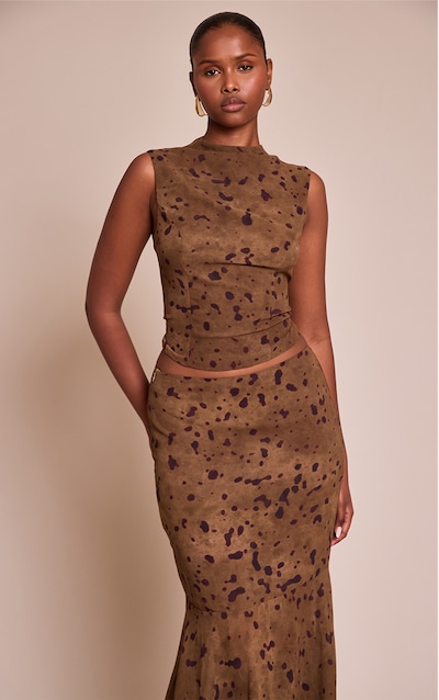 Khaki Abstract Print Chiffon High Neck Cowl Top