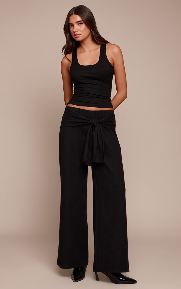 Black Heavy Rib Wrap Waist Detail Wide Leg Trousers image 1