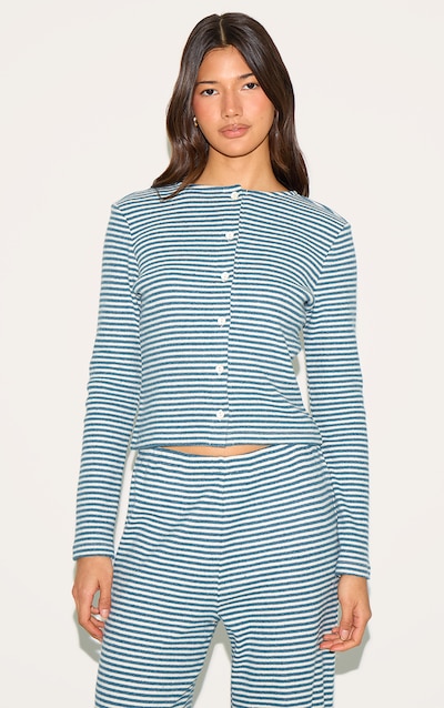 Blue Brushed Rib Striped Long Sleeve Button Up Top