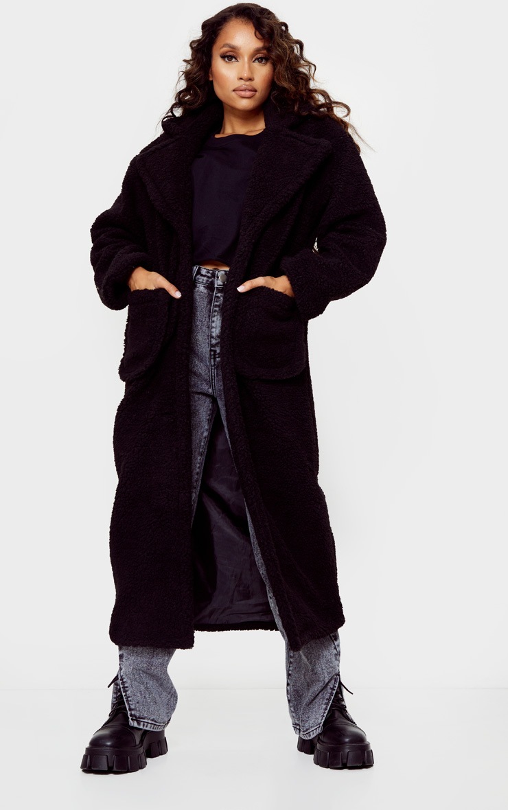 Petite Black Maxi Borg Coat
