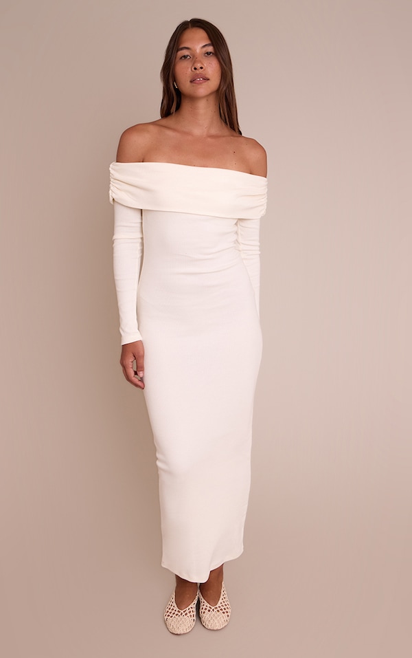 Cream Ribbed Fold Over Bardot Long Sleeve Maxi Dress
