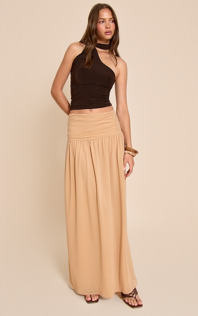Sand Chiffon Ruched Drop Waist Maxi Skirt