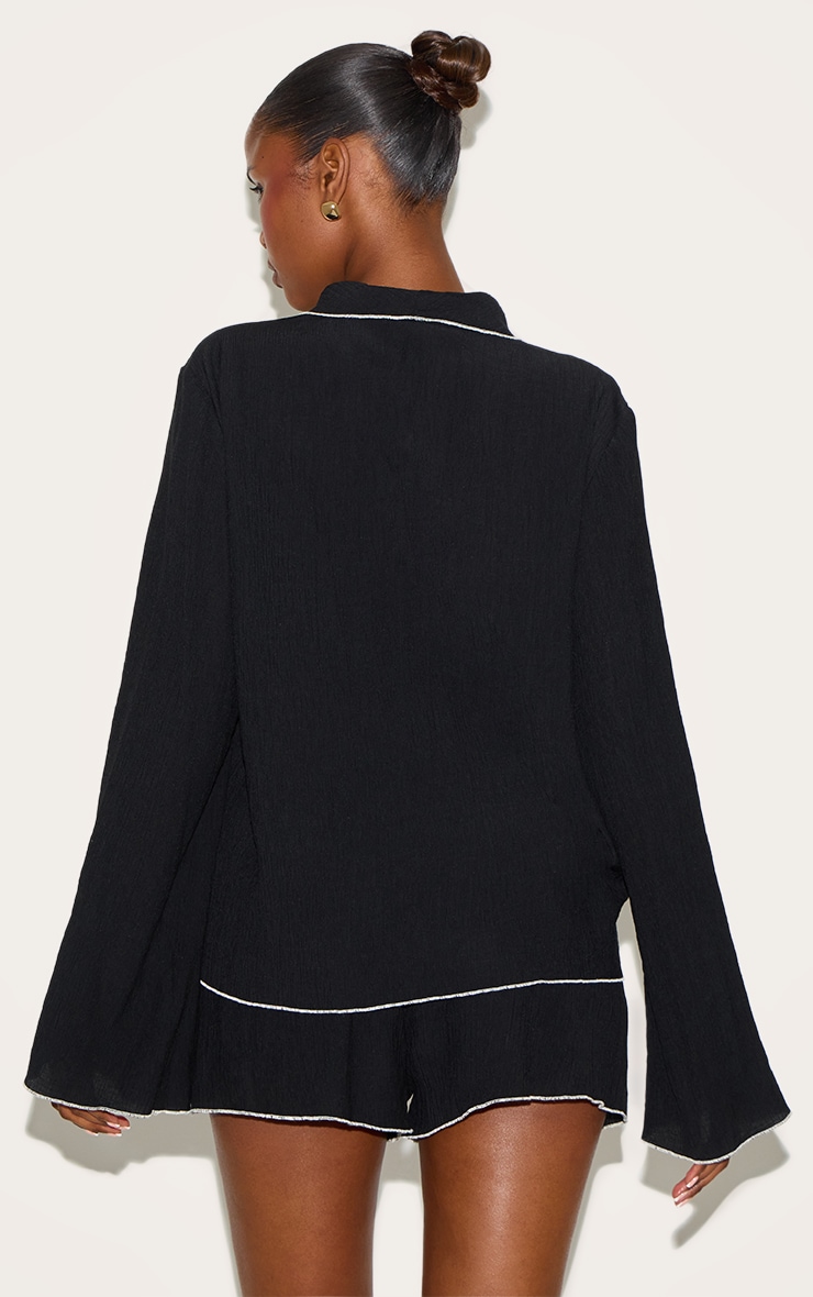 Black Linen Look Textured Contrast Trim Oversized Shirt image 2