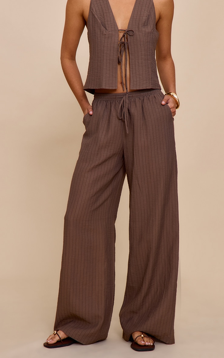 Brown Pinstriped Drawstring Wide Leg Pants image 2