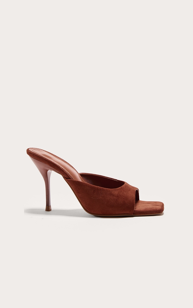 Brown Tan Faux Suede Square Toe High Stiletto Heeled Mules