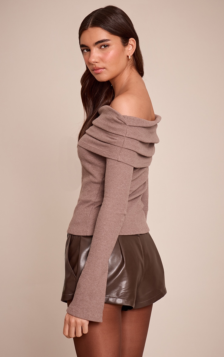 Taupe Thick Brushed Rib Extreme Foldover Bardot Detail Long Sleeve Top image 2