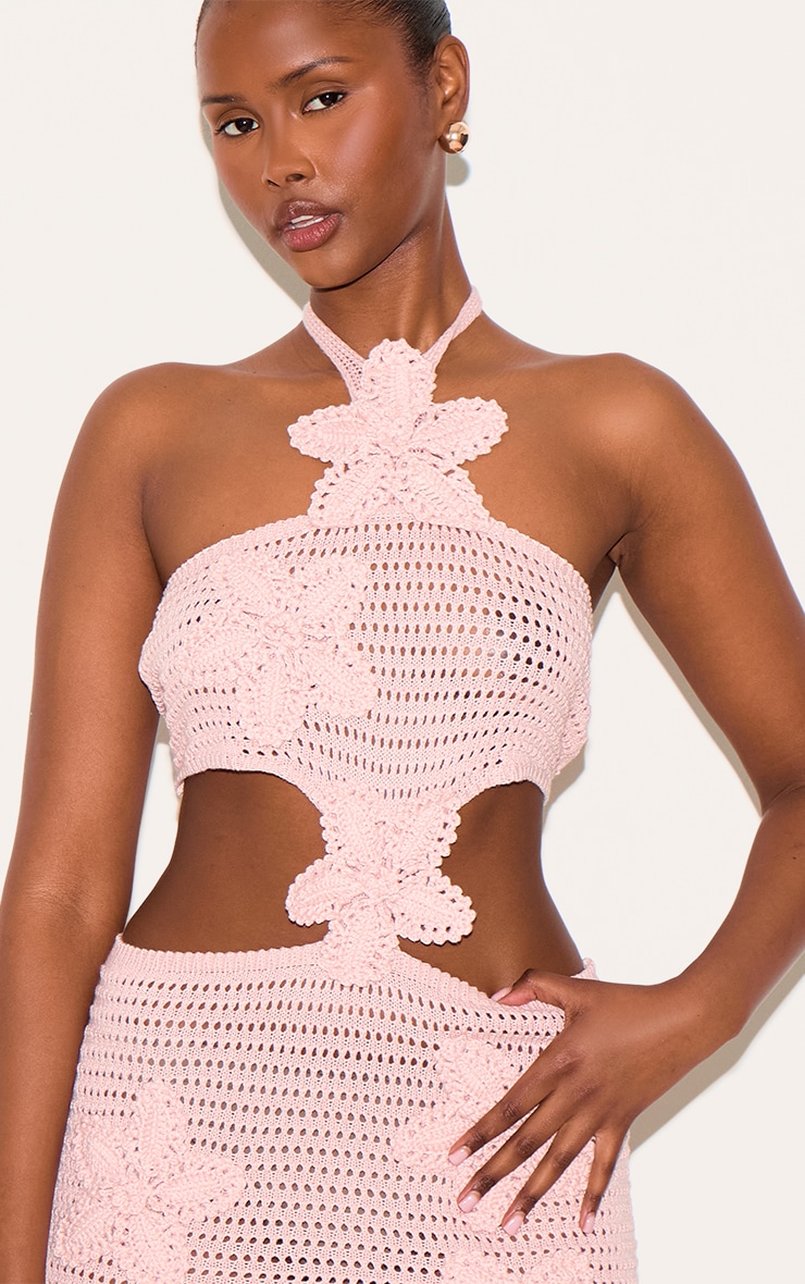 Dusty Pink Crochet Applique Flower Cut Out Mini Dress image 4