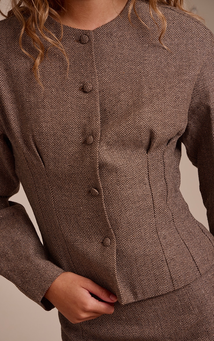 Brown Tweed Tailored Woven Boxy Balloon Sleeve Blazer image 4