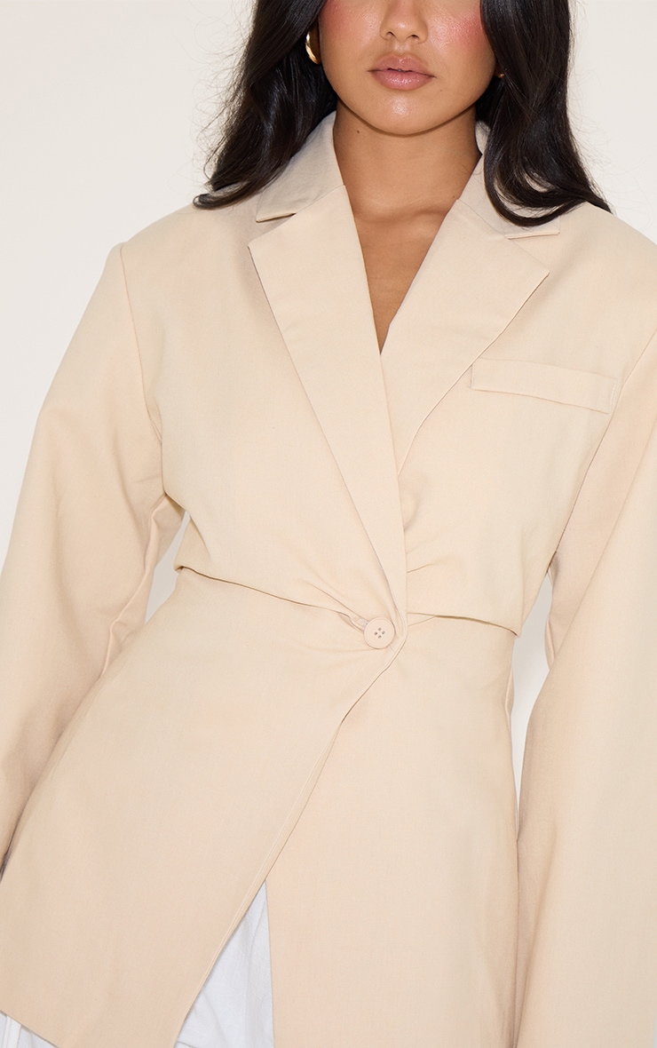 Beige Linen Look Tailored Cinched Waist Blazer image 4