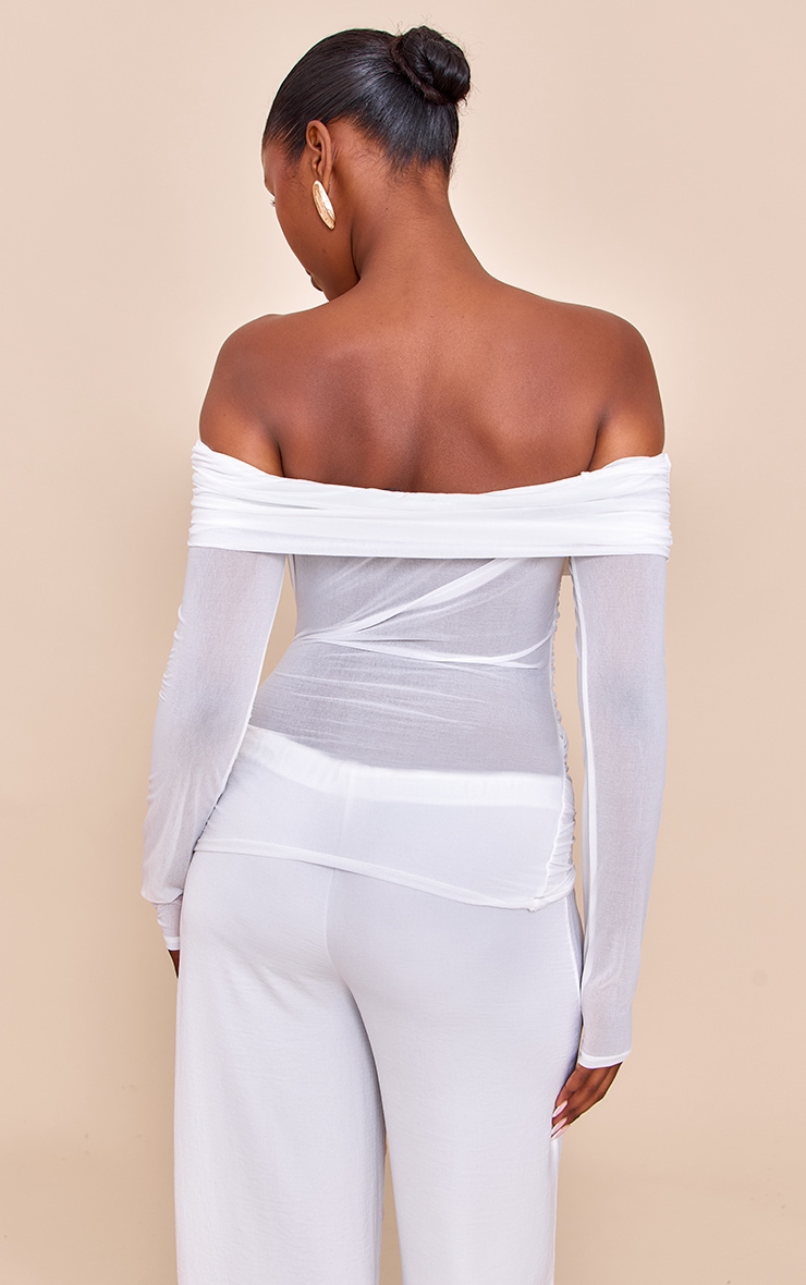 Cream Stretch Chiffon Ruching Bardot Detail Long Sleeve Top image 2