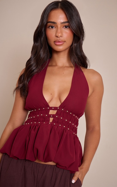 Petite Burgundy Stud Detail Ruffle Halterneck Top