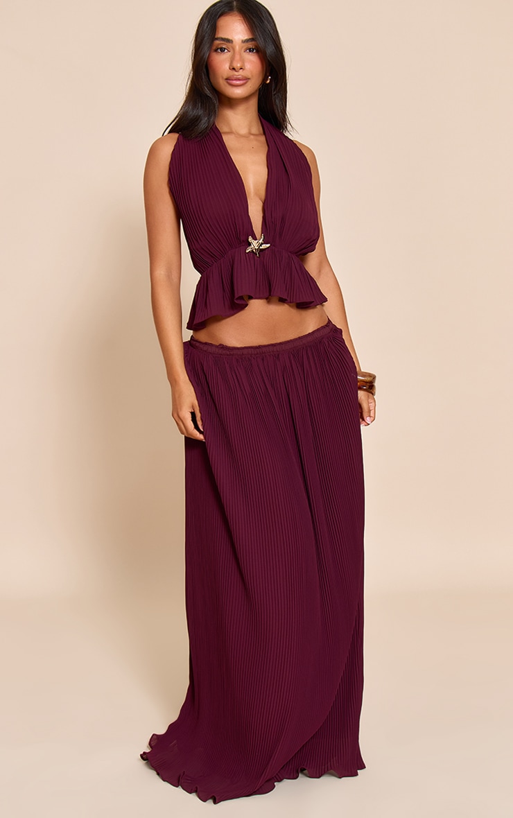 Petite Wine Plisse Fitted Waist Maxi Skirt image 1