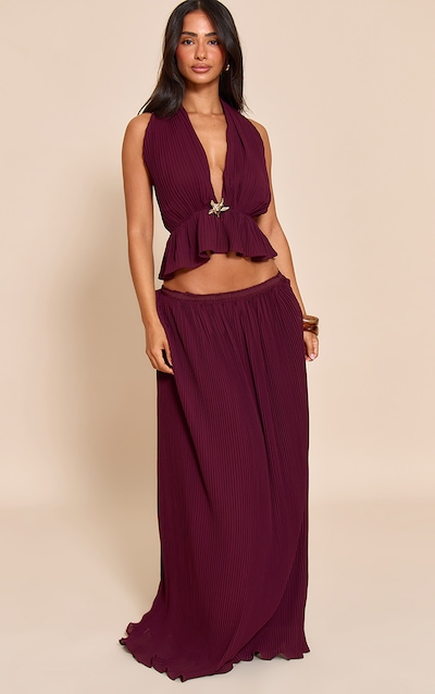 Petite Wine Plisse Fitted Waist Maxi Skirt